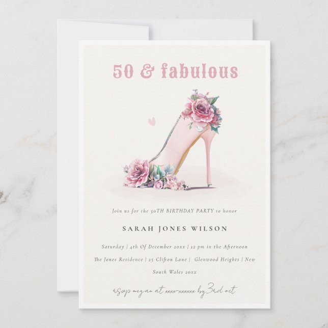 Invitation Soft 50 Fabuleux Blush High Heels Floral Anniversa (Devant)