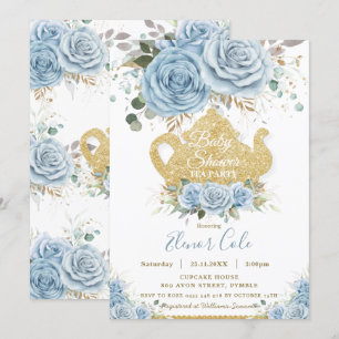 Invitation Soft Baby Blue Floral Baby shower High Tea Party 
