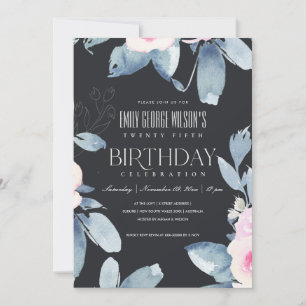 Invitation SOFT BLACK BLEU BLEU FLORAL 25e TOUT ÂGE ANNIVERSA