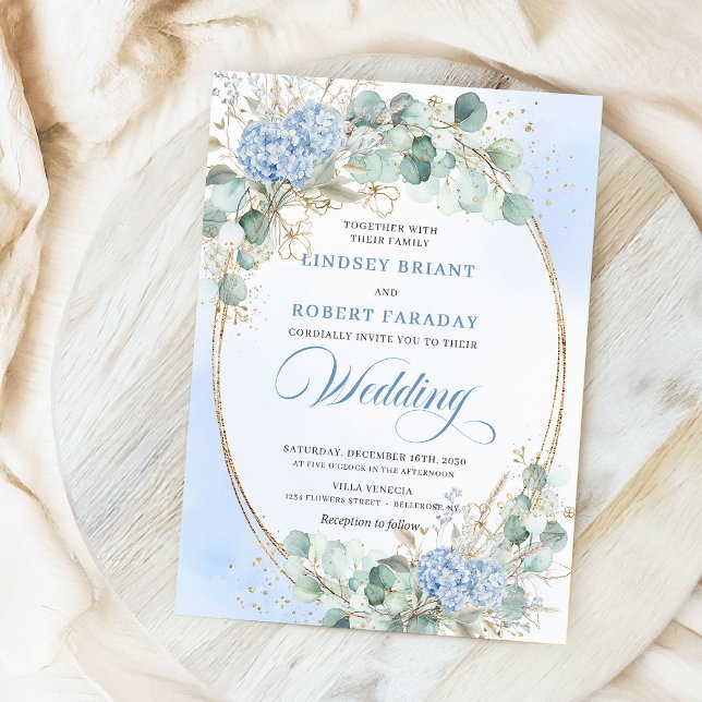 Invitation Soft Blue Hydrangea Wheat Gold Elegant Wedding  (Soft Blue Hydrangea Wheat Gold Elegant Wedding Invite)
