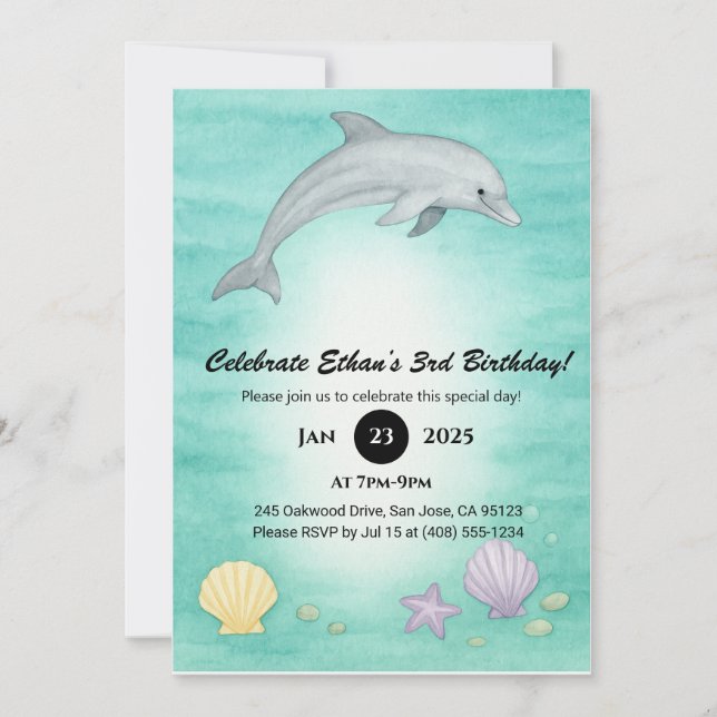 Invitation Soft Blue Ocean Dolphin Illustration Birthday  (Devant)