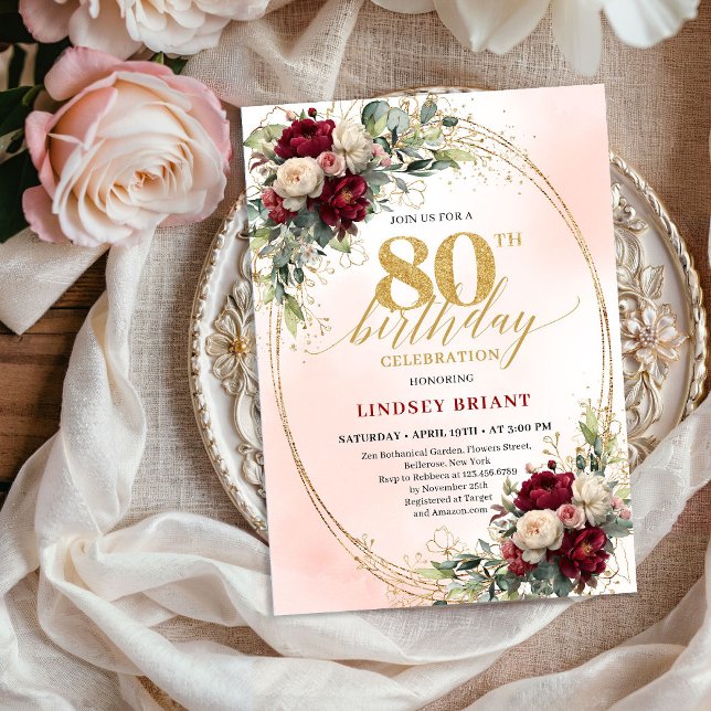 Invitation Soft Blush Boho Floral 80th Birthday Party Invitе (Soft Blush Boho Floral 80th Birthday Party Invitation)