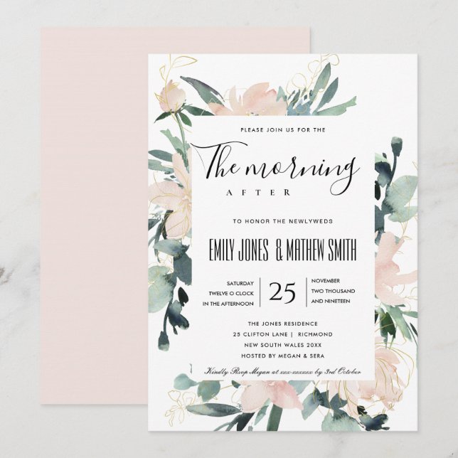 INVITATION SOFT BLUSH FLORAL GOLD LE MATIN APRÈS MARIAGE (Devant / Derrière)