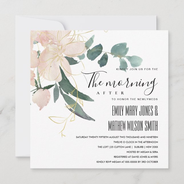 INVITATION SOFT BLUSH GOLD FLORAL LE MATIN APRÈS MARIAGE (Devant)