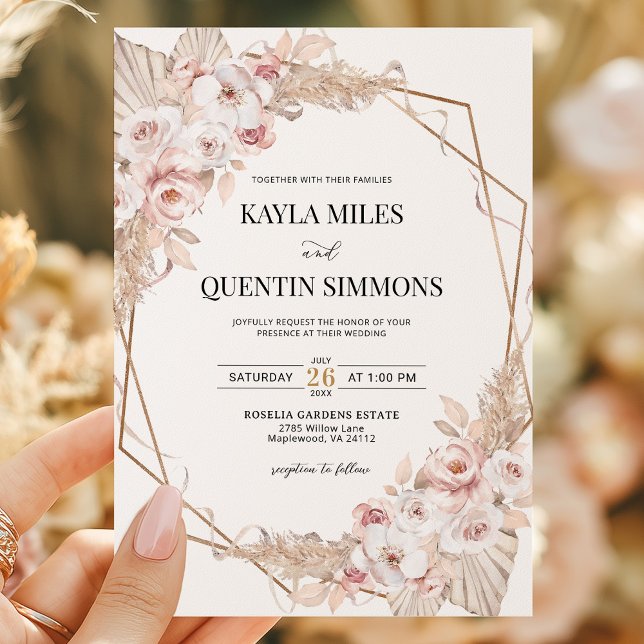 Invitation Soft Blush Pampas Grass Boho Gold Geometric Frame  (Créateur téléchargé)