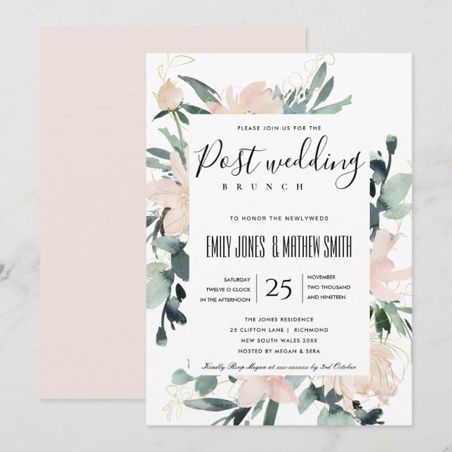 INVITATION SOFT BLUSH ROSE FLORAL GOLD POST MARIAGE BRUNCH (Devant / Derrière)