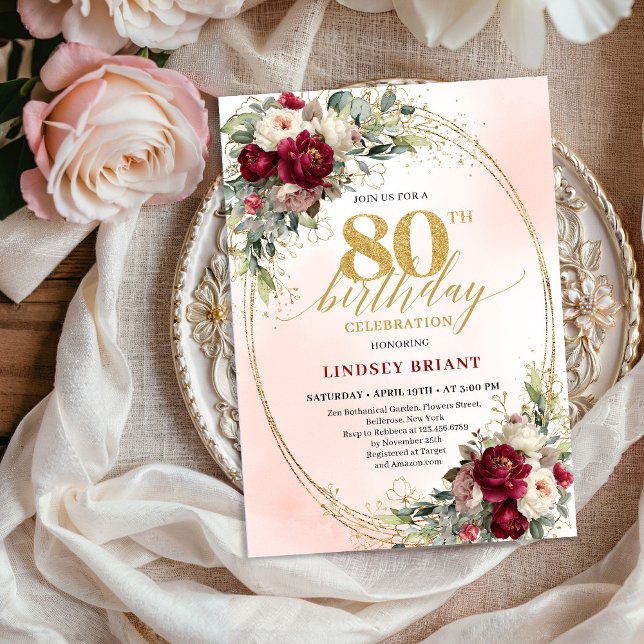 Invitation Soft Burgundy Bohemian Floral 80th Birthday Invite (Soft Burgundy Bohemian Floral 80th Birthday Invitation)