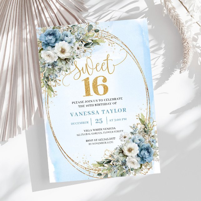 Invitation Soft Dusty Blue Floral Gold Sweet Sixteen Invite (Soft Dusty Blue Floral Gold Sweet Sixteen Invitation)