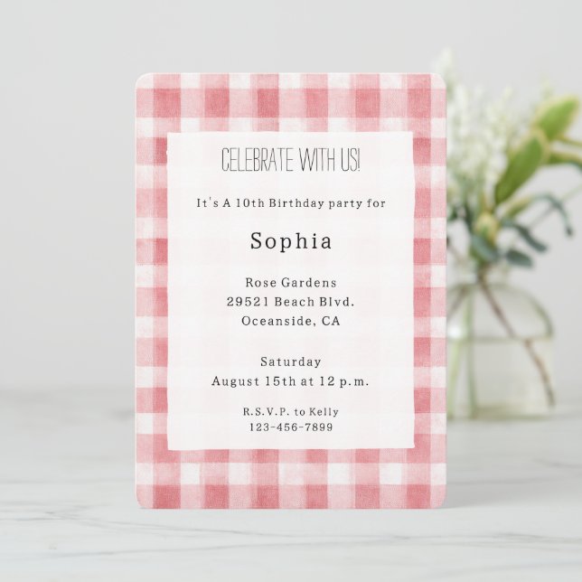 Invitation Soft Girly Pink White Plaid Stripes Birthday (Debout devant)