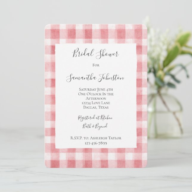 Invitation Soft Girly Pink White Plaid Stripes Bridal Shower (Debout devant)