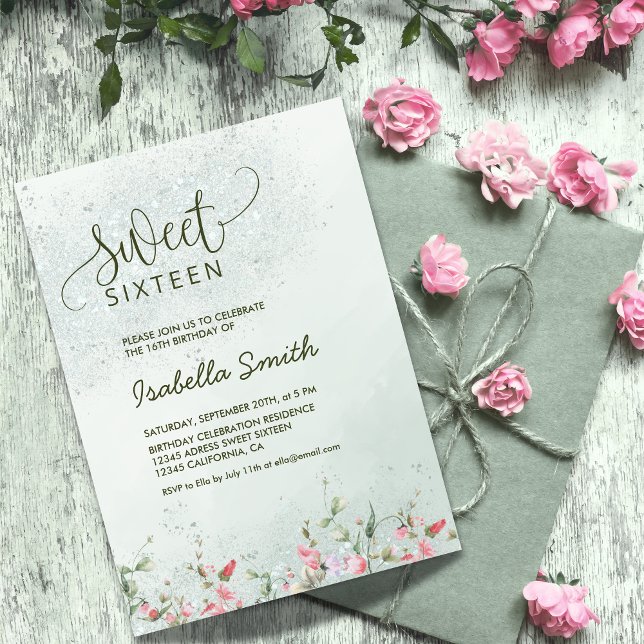 Invitation Soft Green & Blush Floral Sweet 16 Anniversaire (Créateur téléchargé)