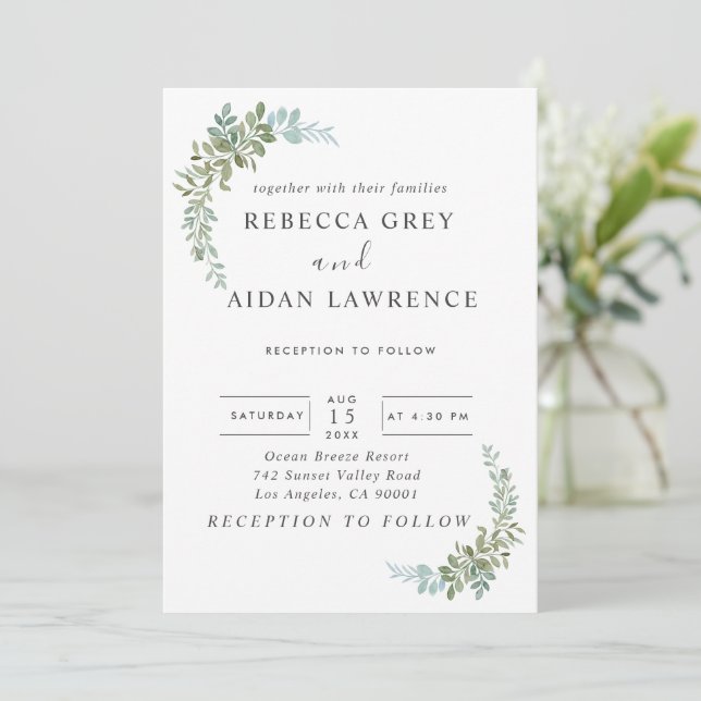 Invitation Soft Green Eucalyptus Watercolor Rustic Wedding (Debout devant)