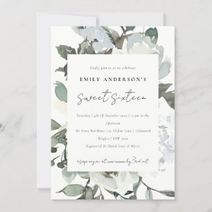 INVITATION SOFT IVORY WHITE FLORAL BUNCH SWEET 16 ANNIVERSAIR