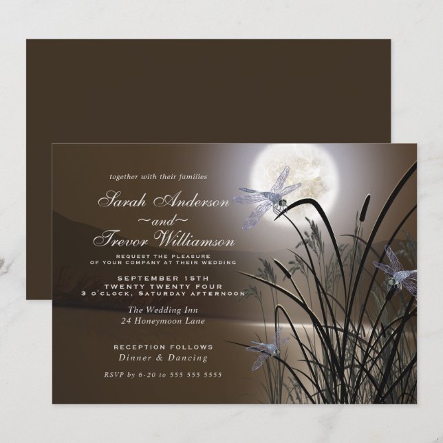 Invitation Soft Mocha Mariage Pleine lune Dragonfly Pond (Devant / Derrière)