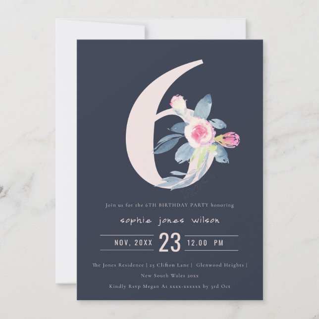 INVITATION SOFT NAVY BLUSH BLEU FLORAL 6E TOUT ÂGE ANNIVERSAI (Devant)