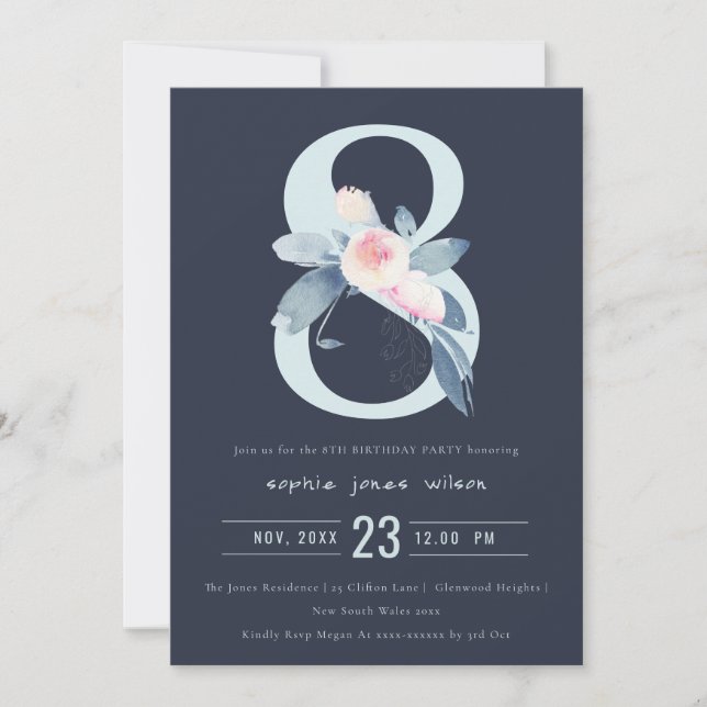 INVITATION SOFT NAVY BLUSH BLEU FLORAL 8E TOUT ÂGE ANNIVERSAI (Devant)