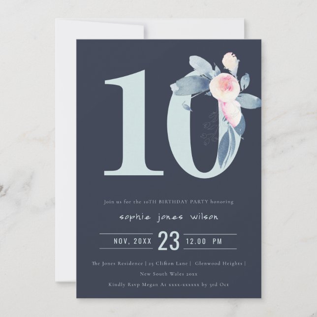 INVITATION SOFT NAVY BLUSH BLUE FLORAL 10E TOUT ÂGE ANNIVERSA (Devant)