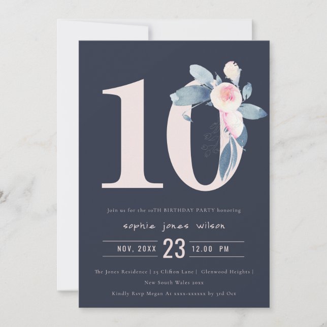 INVITATION SOFT NAVY BLUSH BLUE FLORAL 10E TOUT ÂGE ANNIVERSA (Devant)