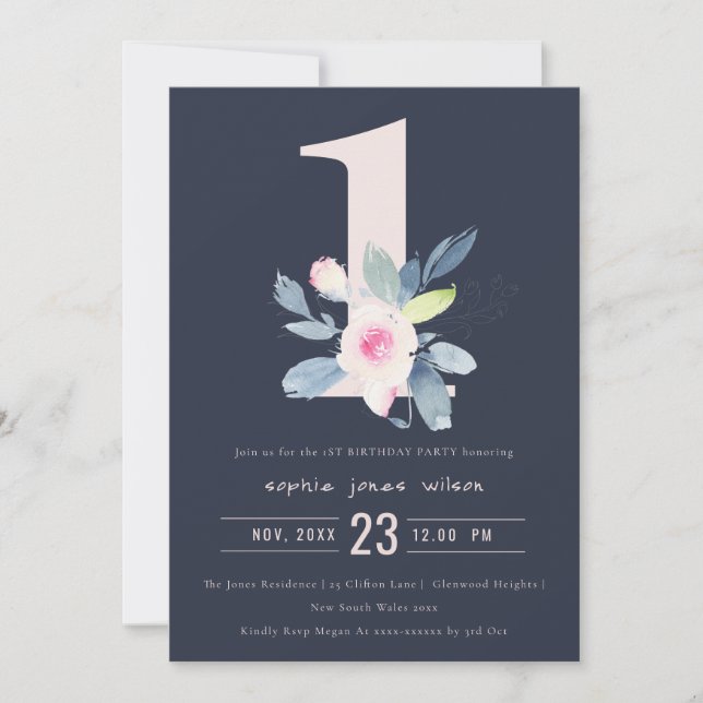 Invitation SOFT NAVY BLUSH BLUE FLORAL 1er TOUT ÂGE ANNIVERSA (Devant)