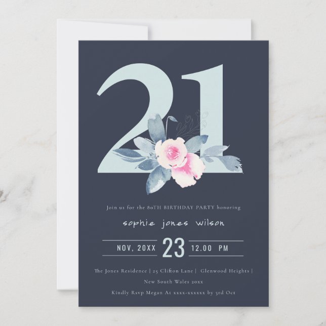 INVITATION SOFT NAVY BLUSH BLUE FLORAL 21E TOUT ÂGE ANNIVERSA (Devant)