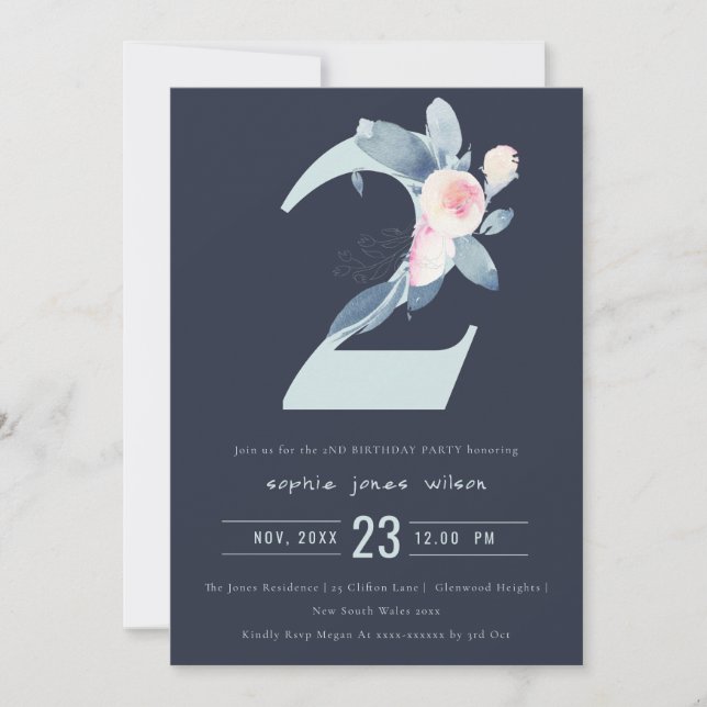 Invitation SOFT NAVY BLUSH BLUE FLORAL 2e TOUT ÂGE ANNIVERSAI (Devant)