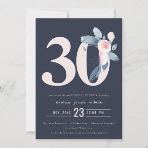 INVITATION SOFT NAVY BLUSH BLUE FLORAL 30E TOUT ÂGE ANNIVERSA