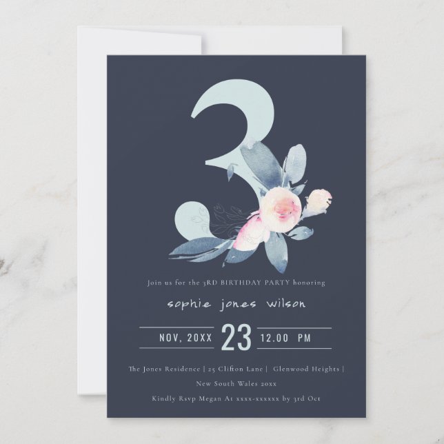 INVITATION SOFT NAVY BLUSH BLUE FLORAL 3E TOUT ÂGE ANNIVERSAI (Devant)