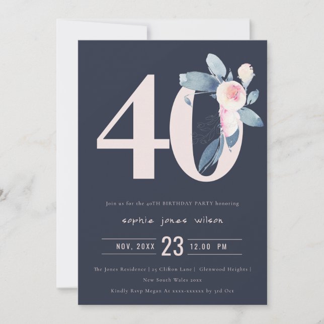 INVITATION SOFT NAVY BLUSH BLUE FLORAL 40E TOUT ÂGE ANNIVERSA (Devant)