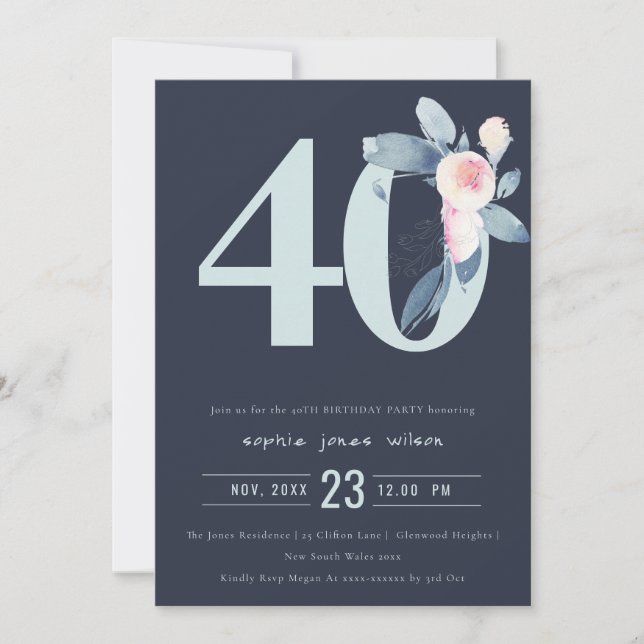 INVITATION SOFT NAVY BLUSH BLUE FLORAL 40E TOUT ÂGE ANNIVERSA (Devant)