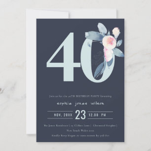 INVITATION SOFT NAVY BLUSH BLUE FLORAL 40E TOUT ÂGE ANNIVERSA