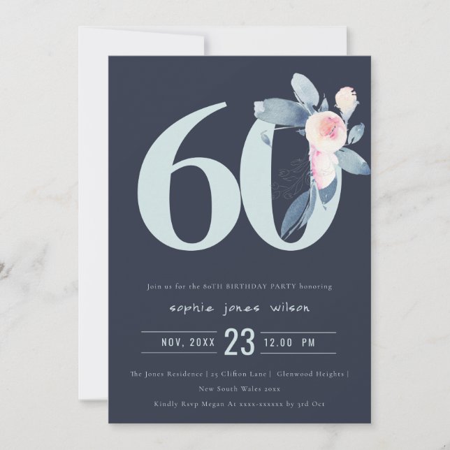 INVITATION SOFT NAVY BLUSH BLUE FLORAL 60E TOUT ÂGE ANNIVERSA (Devant)