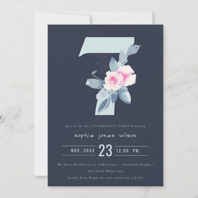 INVITATION SOFT NAVY BLUSH BLUE FLORAL 7E TOUT ÂGE ANNIVERSAI (Devant)