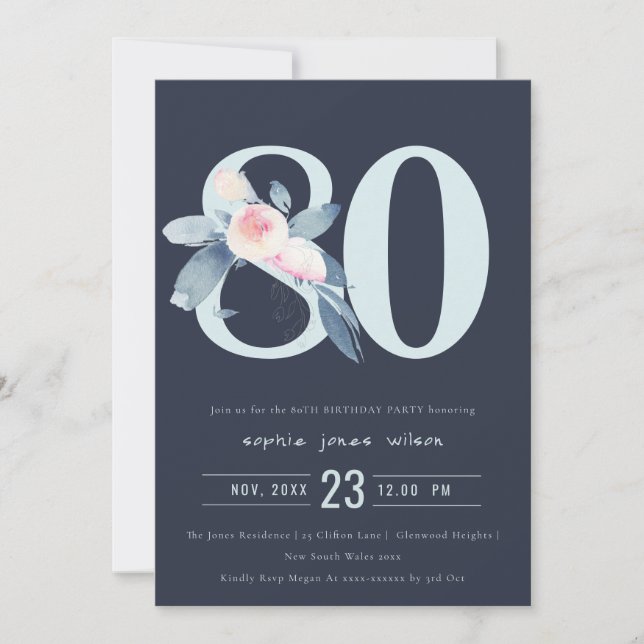 INVITATION SOFT NAVY BLUSH BLUE FLORAL 80E TOUT ÂGE ANNIVERSA (Devant)