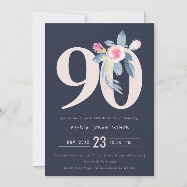 INVITATION SOFT NAVY BLUSH BLUE FLORAL 90E TOUT ÂGE ANNIVERSA (Devant)