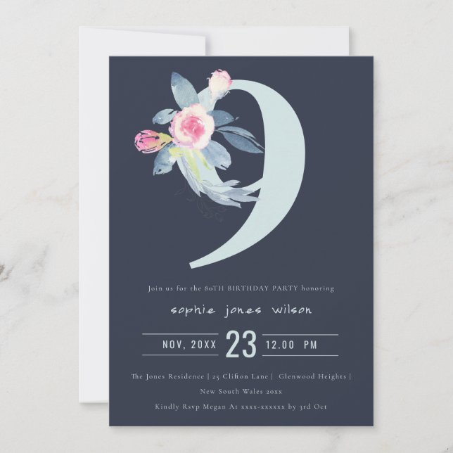 INVITATION SOFT NAVY BLUSH BLUE FLORAL 9E TOUT ÂGE ANNIVERSAI (Devant)