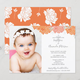 Invitation Soft Orange & Peach Peonies Cross Girl Baptism