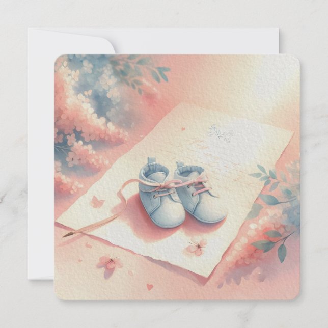 Invitation Soft Pastel Baby Thème Arrière - plan Bleu Booties (Devant)