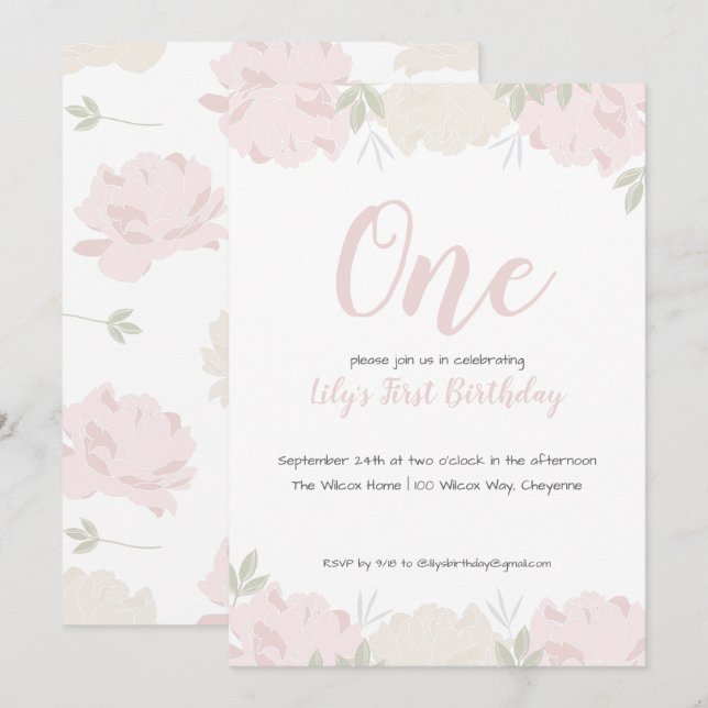 Invitation Soft Pastel Peonies Baby Girl's 1st Birthday Party (Devant / Derrière)
