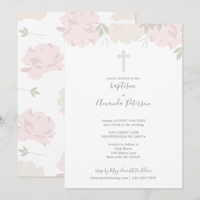 Invitation Soft Pastel Peonies Croix Girl Baptême (Devant / Derrière)