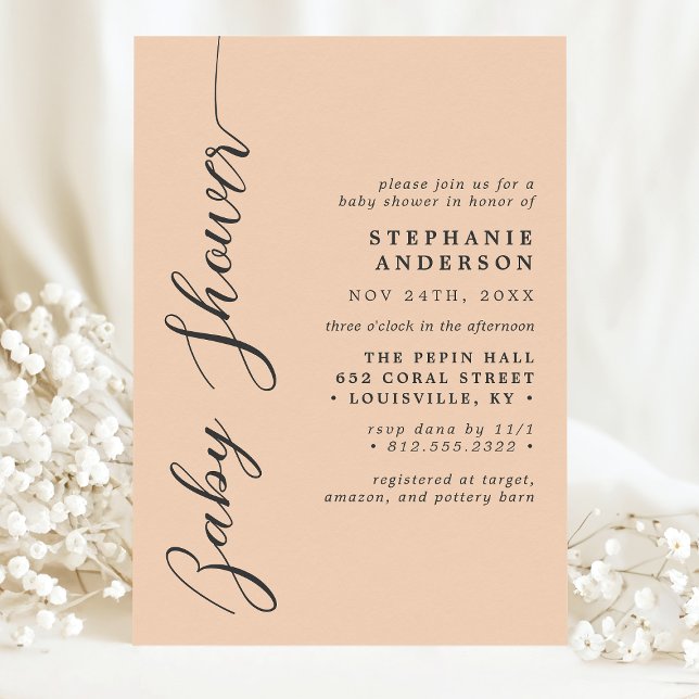Invitation Soft Peach Simple Modern Script Baby shower (Créateur téléchargé)