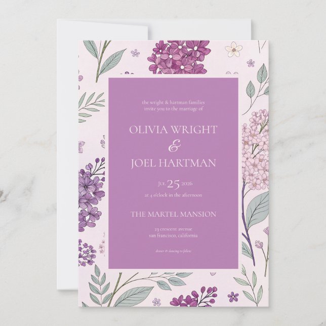 Invitation Soft Pink and Purple Lilac Floral Wedding  (Devant)