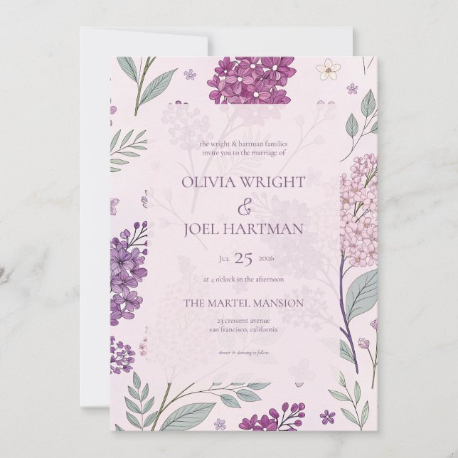 Invitation Soft Pink and Purple Lilac Floral Wedding  (Devant)