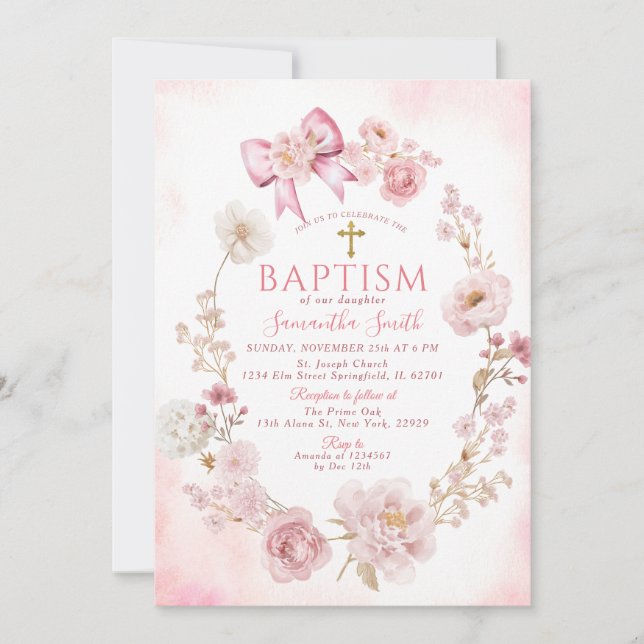 Invitation Soft Pink Dusty Rose Floral Cross Girl Baptism (Devant)