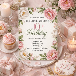 Invitation Soft Pink Magnolia and Peony 100th Birthday 
