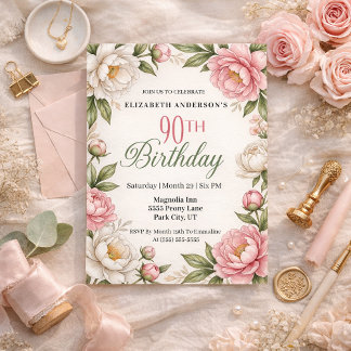 Invitation Soft Pink Magnolia and Peony 90th Birthday 