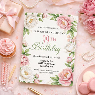 Invitation Soft Pink Magnolia and Peony 99th Birthday 