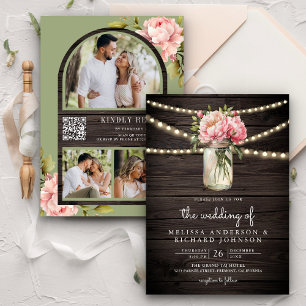 Invitation Soft Pink Peony Mason Jar QR Code Mariage bois