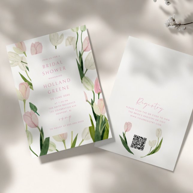 Invitation Soft Pink Tulip QR Code Bridal Shower (Créateur téléchargé)