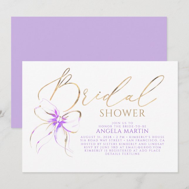 Invitation Soft Purple Bow Elegant Romantic Bridal Shower (Devant / Derrière)
