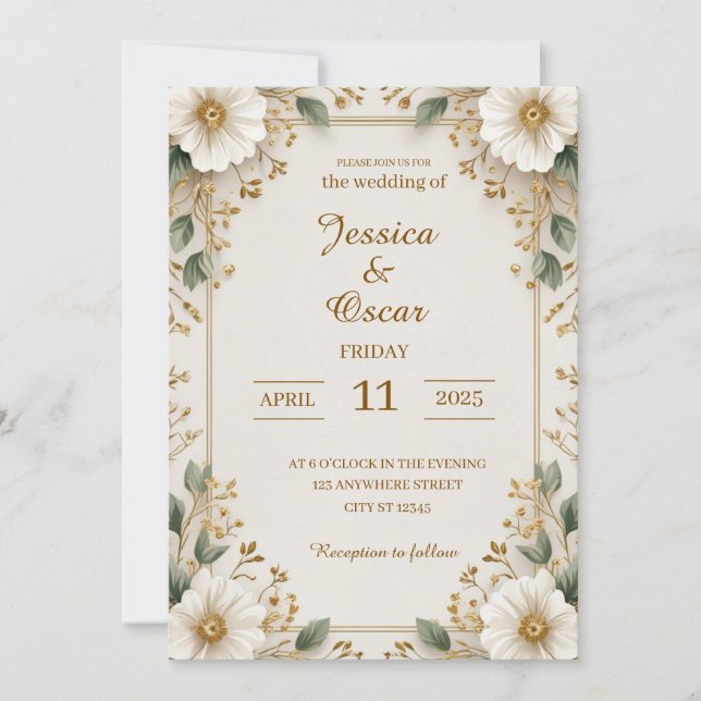 Invitation Soft Romantic Gold Floral Pattes Mariage (Devant)